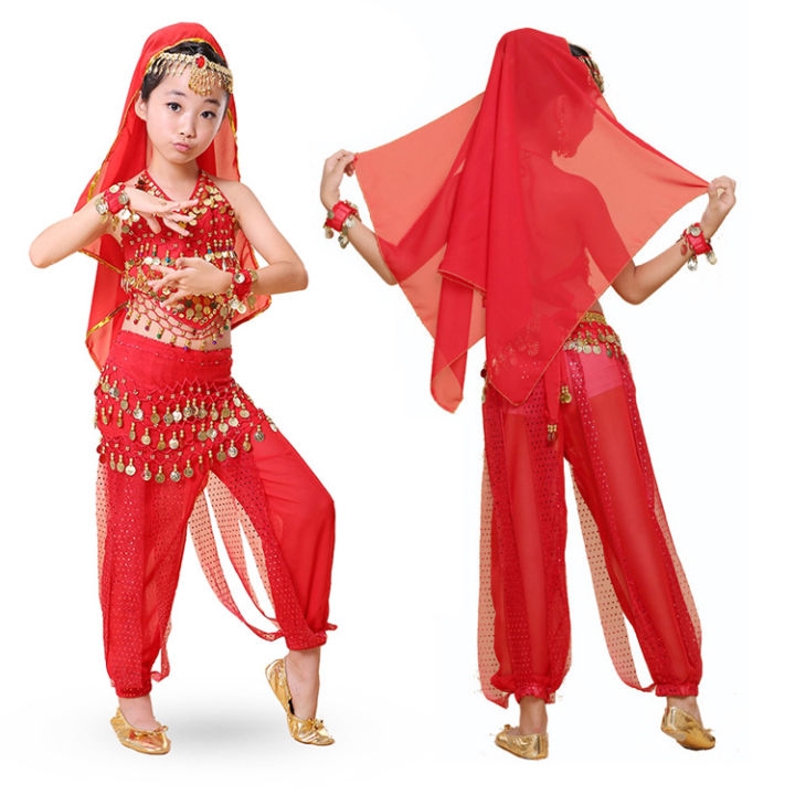 hikayaสาวชุดเจ้าหญิงชุดเต้นรำท้องอินเดียสาวเต้นรำเครื่องแต่งกายเด็กมารสวยกระโปรงเสื้อผ้าเด็ก6ชิ้น-ชุด