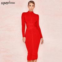 【YF】 Free shippin New Arrival 2021 Women Midi Bandage Dress Red Sexy High Neck Long Sleeve Bodycon Rayon Party Dresses