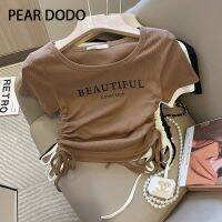 PEAR DODO เสื้อยืดสั้นเชือกหูรูดพิมพ์ลายผู้หญิงพิมพ์ลายคอตัวยูสำหรับย้อนยุคเกาหลี