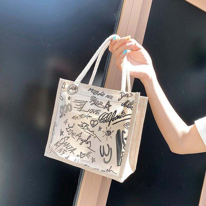 Clear Graffiti Handbag Translucent Bags Women Linen Small Tote Bag