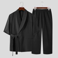 [COD]INCERUN Mens Fashion Short Sleeve Tie Belt Blazer Straight Long Pant Casual Set Christmas Gift