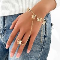 Vintage Punk Butterfly Ring With Bracelet Link Wrist Chain Finger For Women Charms Ring Lady Trendy Aesthetic Jewelry Gift