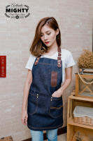 ผ้ากันเปื้อนยีนส์ หนังแท้ ช่องปากกาหนัง Denim Apron &amp; Genuine Leather (รุ่นS2 ความยาว 34 นิ้ว)