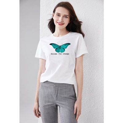 Butterfly Print Tshirt Cotton Tees Solid Color Wear Large Size Shirt