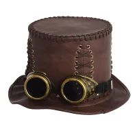 Uni Vintage Steampunk Fedora Victorian Brown PU Top Hat With Goggles Halloween Cosplay Hats