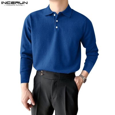 Incerun เสื้อโปโล แขนยาว สีพื้น สไตล์เกาหลี ลําลอง สําหรับผู้ชาย