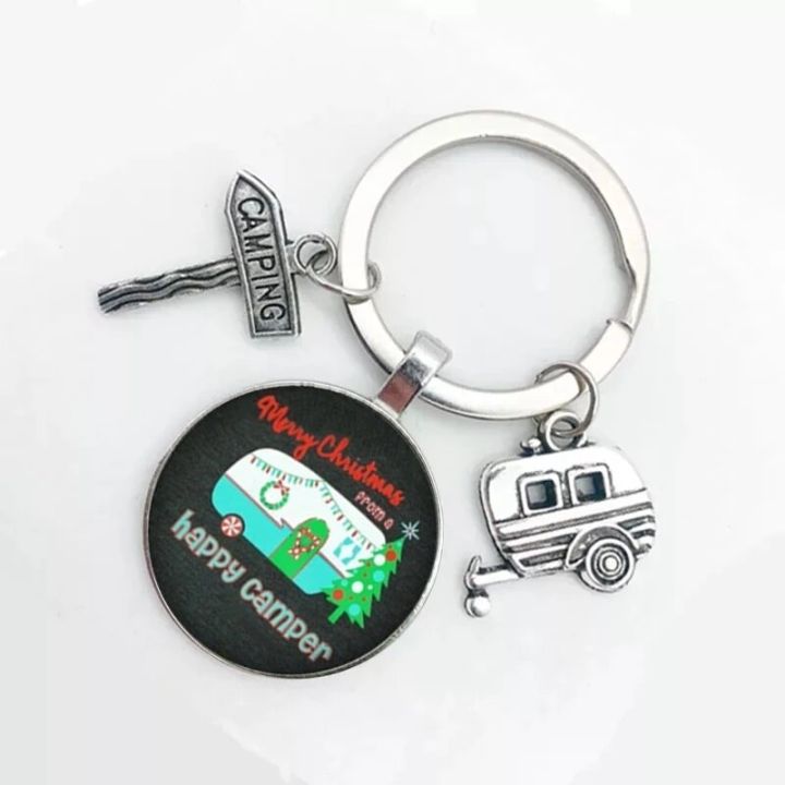 happy-camping-cute-caravan-i-camping-car-key-road-sign-keychain-glass-cabochon-traveler-hobby-keychain-goddess-charm-wholesale-key-chains