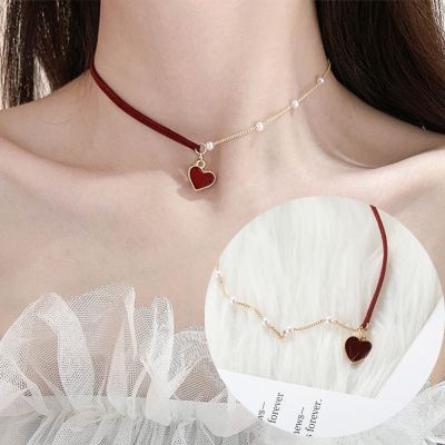 Fashion Red love Pendant Necklace Imitation Pearl Choker Clavicle Chain Party Wearing Clothing Accessories Jewelry Gifts