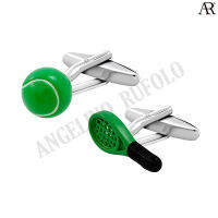 ANGELINO RUFOLO Cufflink(คัฟลิงค์) ดีไซน์ Tennis &amp; Ball กระดุมข้อมือคัฟลิ้งโรเดียมคุณภาพเยี่ยม ตัวเรือนสีเงิน/เขียว/ดำ