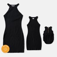 【YF】 PatPat Mommy and Me Black Cotton Ribbed Halter Bodycon Dresses