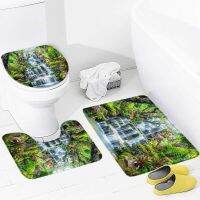 QSR STORE Forest Waterfall Bath Mat Set Tropical Jungle Plants Nature Scenery Home Bathroom Decor Carpet Non-Slip Rugs Toilet Lid Cover