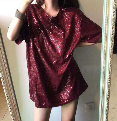 Sequined Short-Sleeved T-shirt for Women 2021 Early Spring New Korean Style Internet Celebrity Super Hot Bling Loose Top Half Sleeve Night Club Style