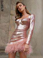 ผู้หญิง Elegant Sequined Feather Bodycon ชุดมินิหญิงแขนยาว Square Colsses Lady Evening Party Club Dresses