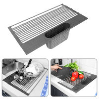 Kitchen Drying Rack Organizer Multi-Use Over Sink Roll-up Dish Drying Rack Foldable Fruit Vegetable Meat Organizer Tray Drainer