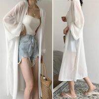 ☼☃¤ ✿ Bat long sleeve loose pure white yarn super long Chiffon cardigan womens k蝙蝠长袖子宽松纯白纱超长款雪纺纱开衫女 过膝防晒衣外套薄110609