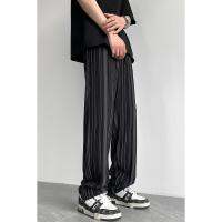 【Ready】? Black and white striped ice silk pants mens summer texture sense folds loose large size wide-leg pants vertical casual casual pants