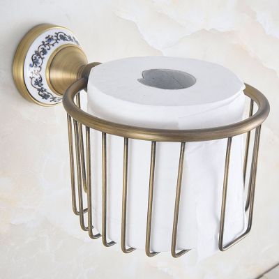 ○☽♈ Antique Brass Ceramic Base Bathroom Wall Mount Roll Toilet Paper Round Basket Holder 2ba779