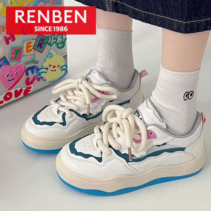 renben-รองเท้ากีฬาผู้หญิงพื้นหนาแนวย้อนยุค-รองเท้ากีฬาลำลองแบบเข้ากับทุกชุดรองเท้าสีขาวระบายอากาศ