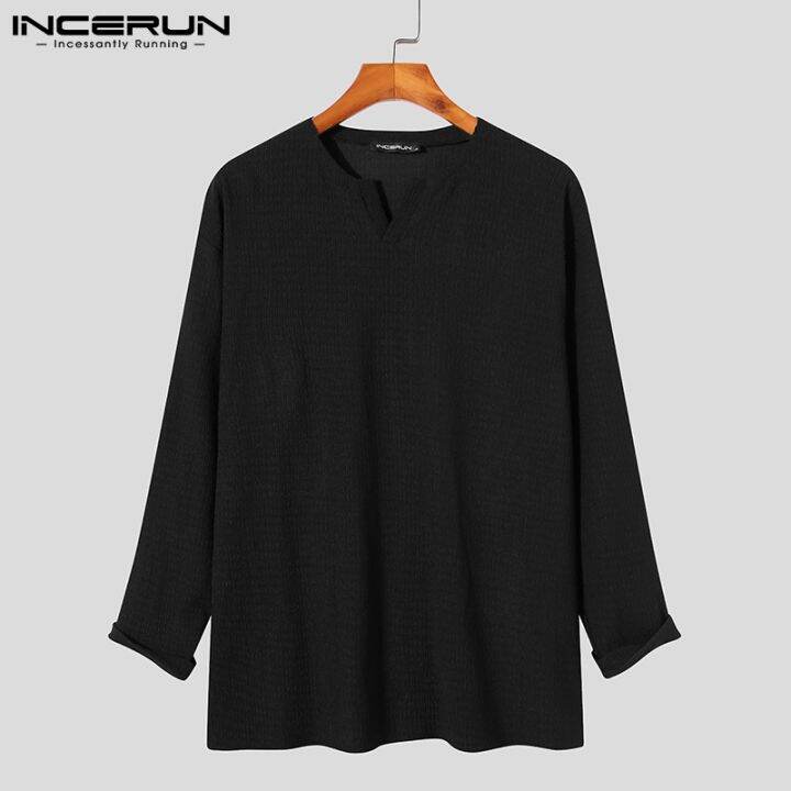 incerun-เสื้อท็อปคอวีแขนยาวสีพื้นสไตล์เกาหลีสําหรับผู้ชาย