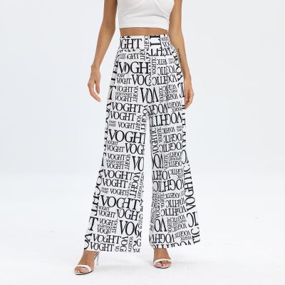Fashion Trends Women Pants Letter Print Ruffled Elastic High-rise Wide-leg Trousers Comfortable Streetwear Women Loose Slacks
