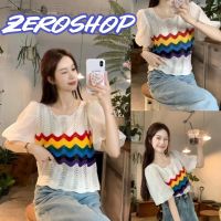 Zero shop?พร้อมส่ง? (Zero-C632-1) เสื้อถักไหมพรม คอหยักๆ ดีเทลลายทางสีรุ้ง แขนชีฟอง ลายทางสีรุ้ง -C