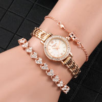 Women Exquisite Rose Gold Round Watch 2 Pcs Beautiful Bracelets Best Christmas Gift Set With Box Present for Wife Mom