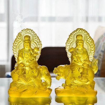 พ็อกเก็ตขนาดเล็ก11ซม. สีเหลืองเรซิ่น Manjusri พระพุทธรูปรูปปั้น Samantabhadra ทิเบตซัพพลายเออร์บ้านวางตกแต่ง Figurines ~
