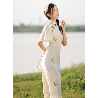 ปรับปรุง Cheongsam 2022ผู้หญิงระดับไฮเอนด์ Aodai Inverted Big-Sleeved Retro สาวชุดน้ำชาหนุ่ม Dress