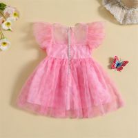 Toddler Girls Pink Floral Bowknot Tulle Dress Flying Sleeve O Neck A-line Mini Party Dress Summer Clothing  by Hs2023