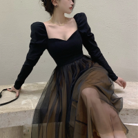 Black Elegant Skirt Suit Women Winter  France Vintage Set Woman 2 Pieces Chic Korea Y2k Blouse + Gauze Party Midi Skirt New
