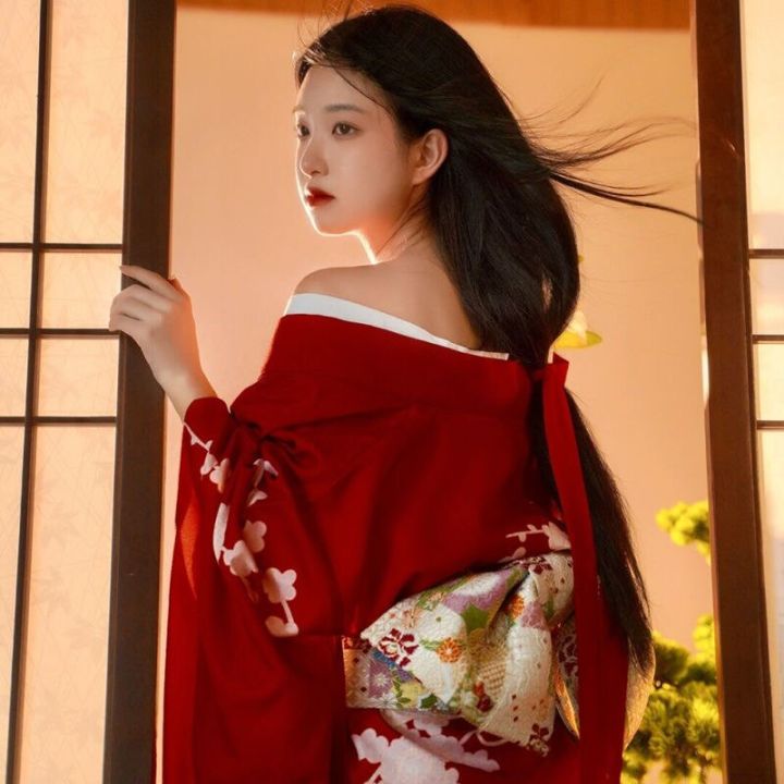 มาใหม่-เซ็กซี่ผู้หญิงสาวญี่ปุ่นกิโมโนแบบดั้งเดิมกับโอบิสีแดงดอกไม้พิมพ์แขนยาวยูกาตะคอสเพลย์การแสดงบนเวทีชุด