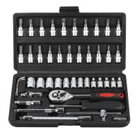 46Pcs Socket Wrench Set Metric System 1/4 Shank CR V Rotary Bits Wrench Socket Connector Set for House Auto Repair Tool