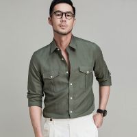 and summer high-end two-pocket workwear mens stand-up collar long-sleeved linen casual yuppie gentlemans large size