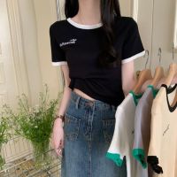 COD dsdgfhgfsdsss Womens Tee Knitted Short Sleeve Baju Perempuan T-shirt Summer 2023 New Color Matching Letters Slimting Simple Short Top