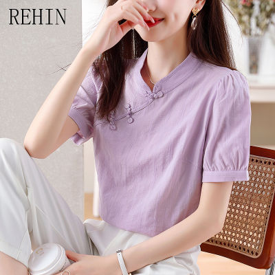 REHIN เสื้อเชิ้ตผู้หญิงแขนสั้นสไตล์จีน,เสื้อเสื้อหรูหราสไตล์จีนใหม่ฤดูร้อน
