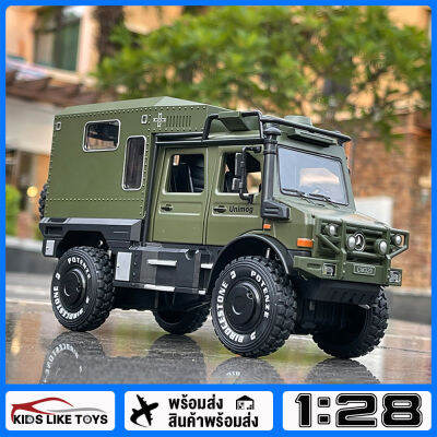 KLT มาตราส่วน 1: 24 เบนซ์ Unimog Motorhome ของเล่นโลหะผสมรถรุ่น Diecast แคมป์ปิ้งรถ RV สําหรับเด็กผู้ชาย 7 ถึง 12 ปีการจําลองเสียงเอฟเฟกต์แสงของขวัญคอลเลกชันงานอดิเรก