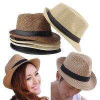 Fedora หมวกฟางฟางลําลอง กันแดด ป้องกันรังสียูวี หรูหรา สีฟ้าเข้ม เรียบง่าย เหมาะกับชายหาด กลางแจ้ง แฟชั่นสําหรับผู้ชาย และผู้หญิง F339 F5W8