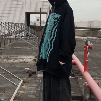 HOUZHOU Streetwear Women Anime Hoodie Harajuku Gothic Punk Kpop Oversize Pullover Long Sleeve Chain Sweatshirt Korean Fashion