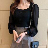 COD dhdfxcz Korean Style Square Neck Long Sleeve Chiffon Blouses for Women Splicing