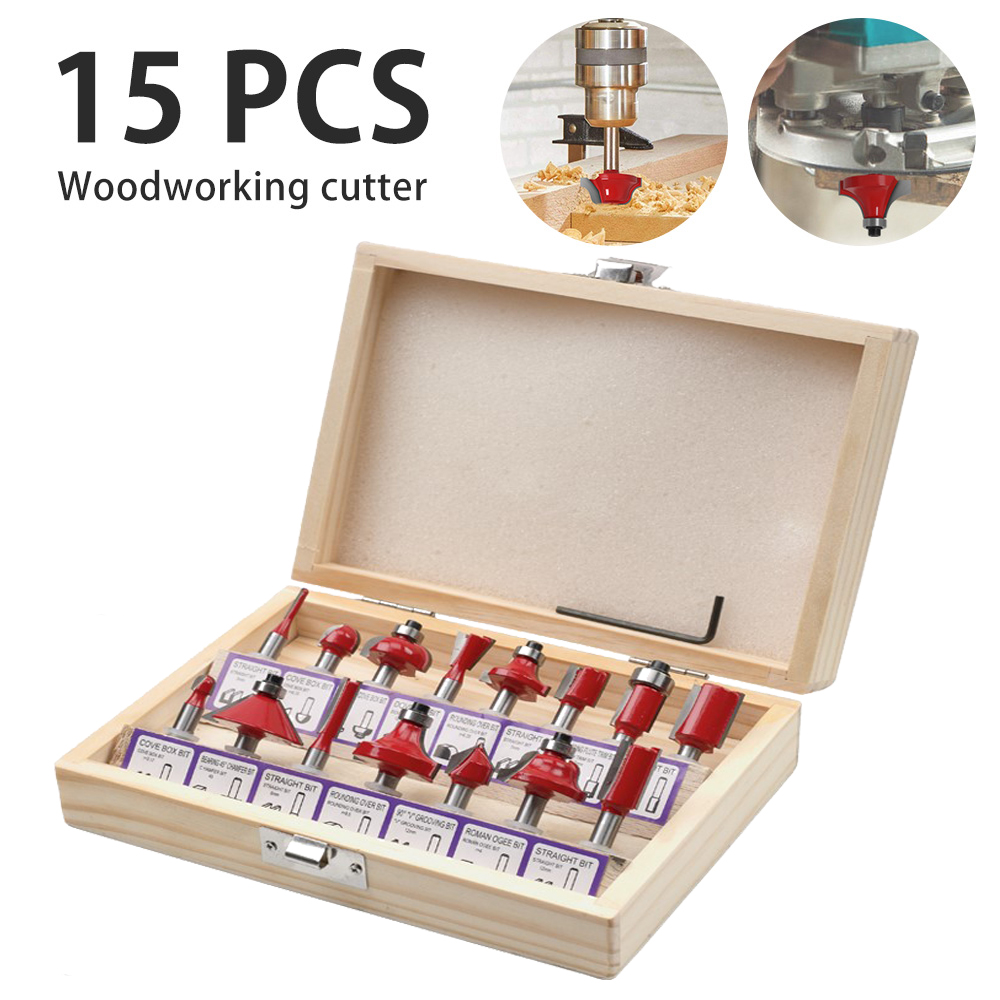 15Pcs 1/4" Shank Router Bits Milling Cutters Woodworking Trimming Engraving Tool 