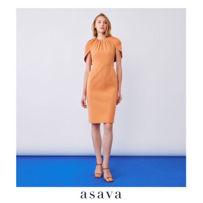 [asava rs23] Genevieve Puff Sleeves Cape Dress เดรส จับรูดคอเสื้อและเครปแขนเสื้อ คอกลม ซิปหลัง