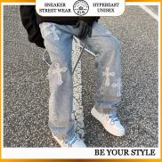 Quần jean baggy nam nữ thêu thánh giá Chrome Hearts quần jeans ống rộng
