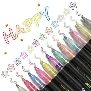 12 Color Double Line Outline Marker Pens, Super Squiggles Outline Pens 3mm  Thick Doodle Glitter Markers, Shimmer Colored Pens, Metallic Paint Markers