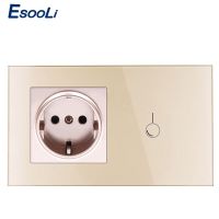 Esooli EU มาตรฐาน Wall Power 16A ซ็อกเก็ตและ1 Gang 1 Way Wall Light Touch Switch สีขาวคริสตัลแผงกระจก Light Wall Switch