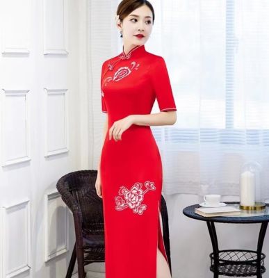 [ส่งเร็วพิเศษ!] จีนชุดเจ้าสาว Toast เสื้อผ้าผู้หญิงเซ็กซี่สีแดงลูกไม้ Cheongsam OVERSIZE Slim Qipao ดอกไม้ PARTY Robe ชุด