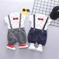 COD DSGRGTRDRT MyBaby 2PCS Summer Baby Boys Girls Cotton Short Sleeve Shirt Polka Dot Print T-shirt Tops Strap Shorts Casual Suit