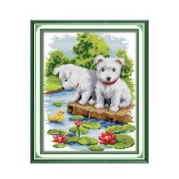 ❈ A small white dog cross stitch kit cartoon animal lotus flower 11ct count canvas stitches embroidery DIY handmade needlework