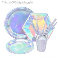 Laser Disposable Tableware Sets Silver Party Paper Cups Paper Plates Straw Party Tableware Wedding Decor Birthday Party Supplies