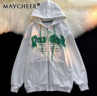 MAYCHEER เสื้อฮู้ดเท่ๆ เสื้อสเวตเตอร์แนวสตรีทวินเทจของผู้ชายเสื้อมีฮู้ดพิมพ์ลายตัวอักษรแขนยาวเสื้อโอเวอร์ไซส์ลำลอง