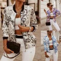 QianXing Shop Flower Print Long Sleeve Women Bomber Jacket Fashion Zipper Up Vintage Coat Tops Elegant Slim Basic Ladies Coats